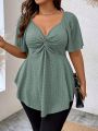Plus Size Elegant Summer T Shirt for Women Casual Office Lady Solid Curve Clothing Loose V Neck Tops. 