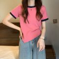 Patchwork Colors Crew Neck Crop Top Women Fashion Niche Design Short Sleeve Tee Y2K Streetwear New Summer Top Women. 