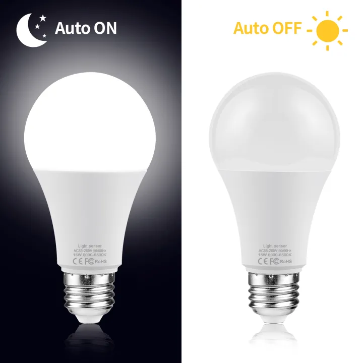 LED Light Sensor Light Bulb E27 15W Dusk to Dawn Smart Auto ON/OFF ...