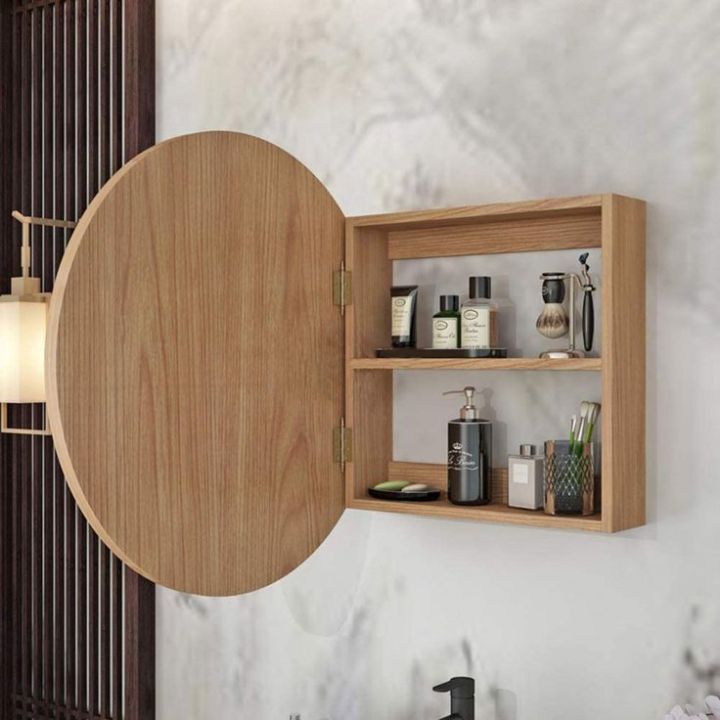 Round Mirror Bathroom Wall Storage Shelves Mirror Bath Wood Medicine