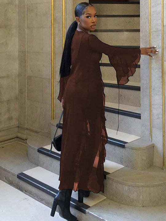 Hugcitar%20Mesh%20Solid%20Long%20Flare%20Sleeve%20Ruffles%20%20See%20Through%20Cardigan%20Lace%20Up%20Long%20Coat%20Women%20Fashion%20Clothes%20Streetwear%20Club%20-%20Image%204