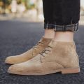Fashion Brown Chelsea Boots Men British Style High Top Suede Leather Shoes For Men Lace-up Pointed Toe Design Men's Ankle Boot.