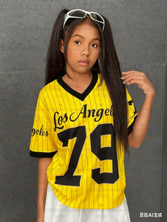 Girls%20Casual%20Sports%20Style%20Los%20Angeles%20NO.79%20Print%20Short%20Sleeve%20V-Neck%20Women's%20Children%20Men's%20T-shirt%20Tops%20-%20Image%202