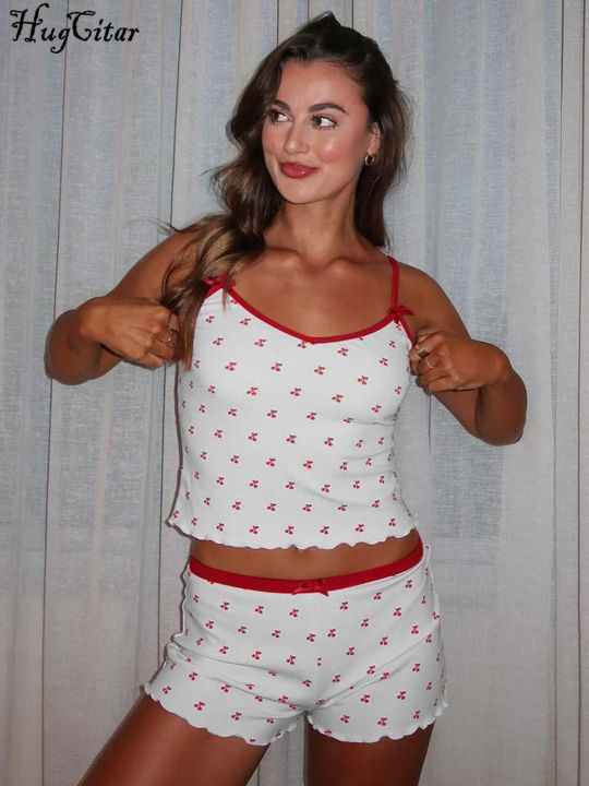 Hugcitar%20Cherry%20Print%202%20Pcs%20Matching%20Sets%20Slips%20Bows%20%20Slim%20Crop%20Camis%20Top%20Shorts%20Summer%20Casual%20Women%20Outfit%20Festival%20Workout%20-%20Image%204