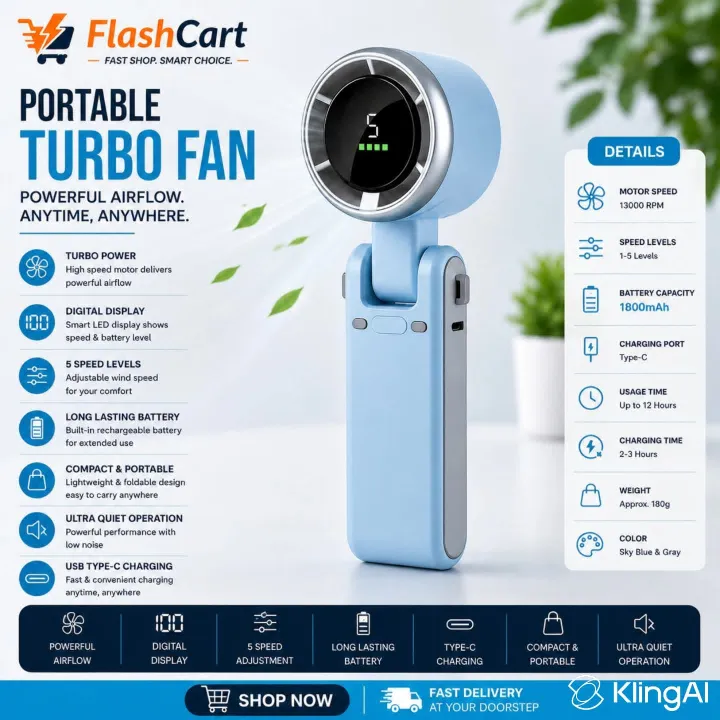 Turbo Fan Handheld Rechargeable Fan Portable Mini Hand Fan USB Rechargeable Foldable Hanging Neck Fan -Multicolor
