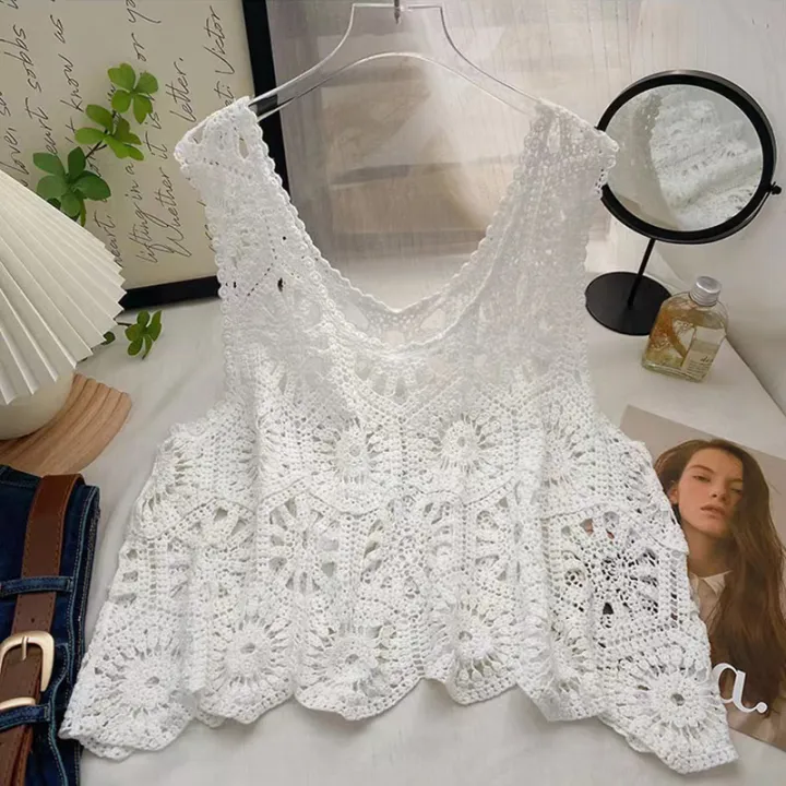 Crochet%20Tank%20Top%20for%20Women%20Sheer%20Open-work%20Sleeveless%20Crop%20Knit%20Top%20Blouse%20Summer%20Boho%20Vacation%20Coverup%20Outfit%20-%20Image%202