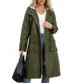 Women's Chic Hooded Long Sleeved Solid Color Trench Coat With Striped And Straight Tube Jacket Elegant British Style Windbreake.