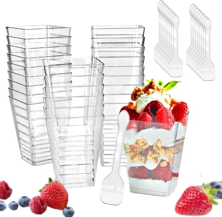 Transparent Square Plastic Dessert Cups with Spoons Reusable Parfait Appetizer Mini Party Shot Glasses for Tasting Treats