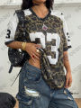 Summer New Leopard No. 23 Print T-Shirt For Women V-Neck Patchwork Short Sleeve Sports Football Jersey Y2K Loose Oversized Tops.