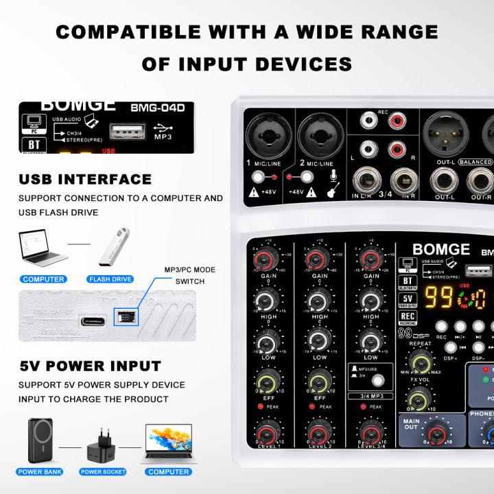 BOMGE%204%20Channels%20Audio%20Sound%20Mixer%20Mixing%20DJ%20Console%20USB%20with%2048V%20Phantom%20Power%2099DSP%20Effects%20-%20Image%204
