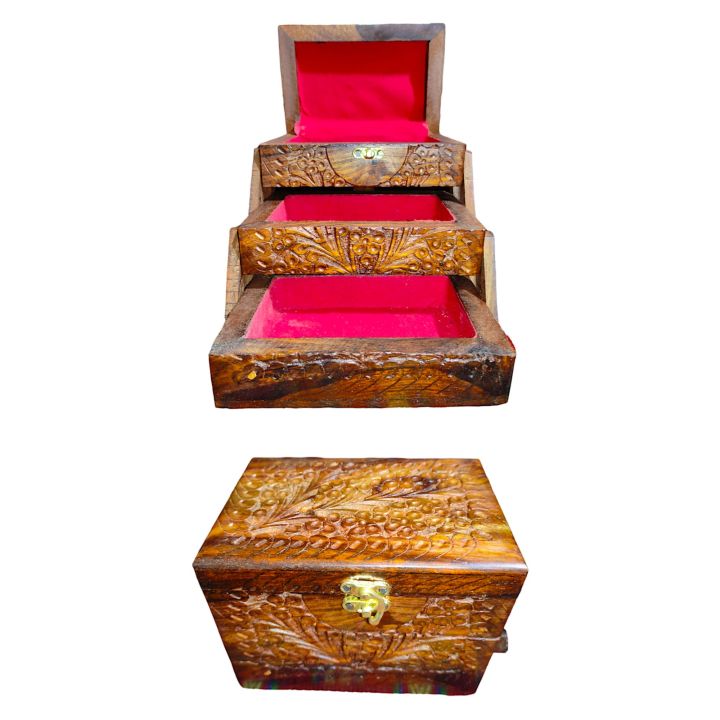 Wooden Folding Jewellery Box - Handicrafts Handmade 3-1 Folding Wooden Jewellery Boxe Nakshi - Pure Wood Jewellery Boxes