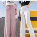 Plus size Women Ankle-Length Wide Leg Pants Casual Summer Solid Elastic Waist Loose Ice Silk Pants Spring Summer Female Trousers.