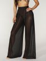 Hot Selling Mesh Wide Leg Pants In Europe And America  Perspective High Waisted Straight Leg Pants Solid Color Loose Pants. 