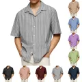 Male Fashionable Stripped Patchwork Retro Business And Daily Half Sleeved Summer Cardigan With Buttons Basics And Versatile. 