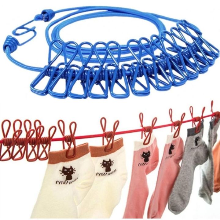 1pcs Portable Clothesline Windproof Clothes Rope Drying Rack Cloth Hanging Line Outdoor Camping Traveling Indoor Multifunction Tools *190cm rope and 12clips*