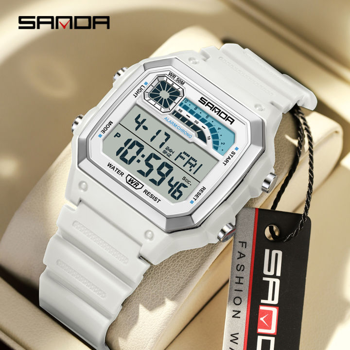 SANDA 6196 Men Electronic Watches Round Square Fashion Luminous Stainless Steel Strap Arabic Tidal Worship Male Wrist Watch