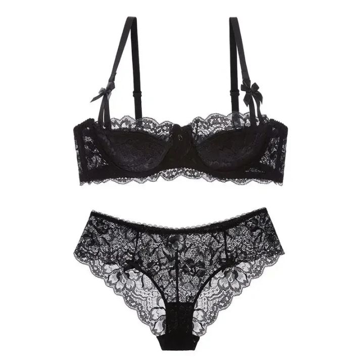 MOYISU 1/2 Ear AB Cup Pure Desire Girl Bra Set | Pull-up Bra Set With Bow Breathable French Lace Bra | Anti-Slip Cup Date Night