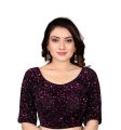 Velvet Sequined Saree (Dark Purple)  with Blouse material. 