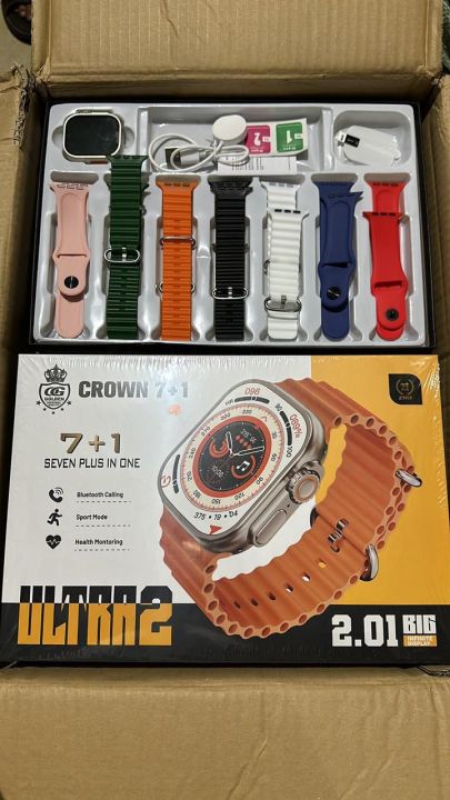 Crown 7 + 1 straps ultra 2 smart watch with cover and protector wireless charger bluetooth connection call attend all features