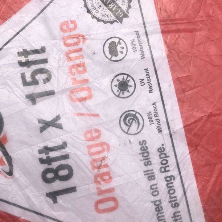 Plastic Tarpal Guaranteed Waterproof 15'x18'  ft Cut Size, Long Lasting  ,Double Coated PE Tarpaulin , EAGLE KC EQ-2  Quality, Both  Sides Orange Colour , suitable for outdoor use. Protects your goods from Rain and Sun. Ready size 14.25 x 17 feet +/-5%