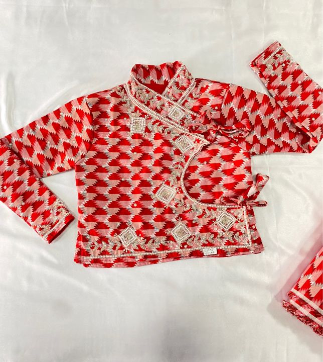 Dhaka Chaubandi Cholo With Limbu Silamsakma Design Handwork On Machine Weave Fabric, Dhaka Chaubandi Cholo With Handwork