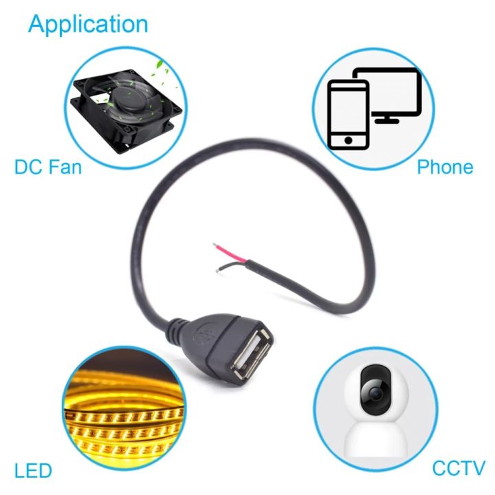 USB Female Pigtail 2 Pin USB DIY 2 Wire 20AWG USB 2.0 Plug to Bare Open ...
