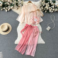 Chinese Transparent Vintage Embroidery Jacquard Halter Top Dressing Sleepwear Open Front Bindings Gauze Dress 4-Piece Set.