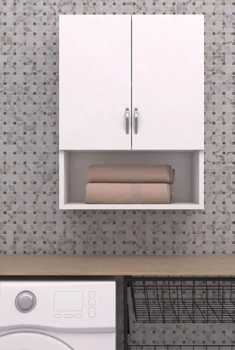 Small kitchen and washroom storage cabinet wall mount, 2 doors cabinet with shelves.