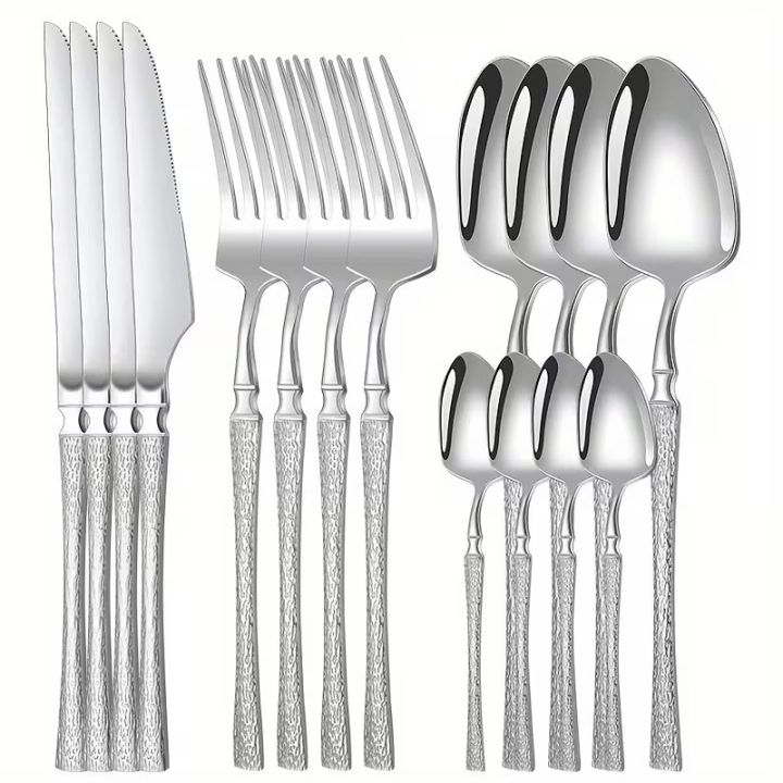 16-Piece Silver Stainless Steel Cutlery Set with Forks and Spoons, Creative Hammered Handles, Suitable for Home, Kitchen, Restau