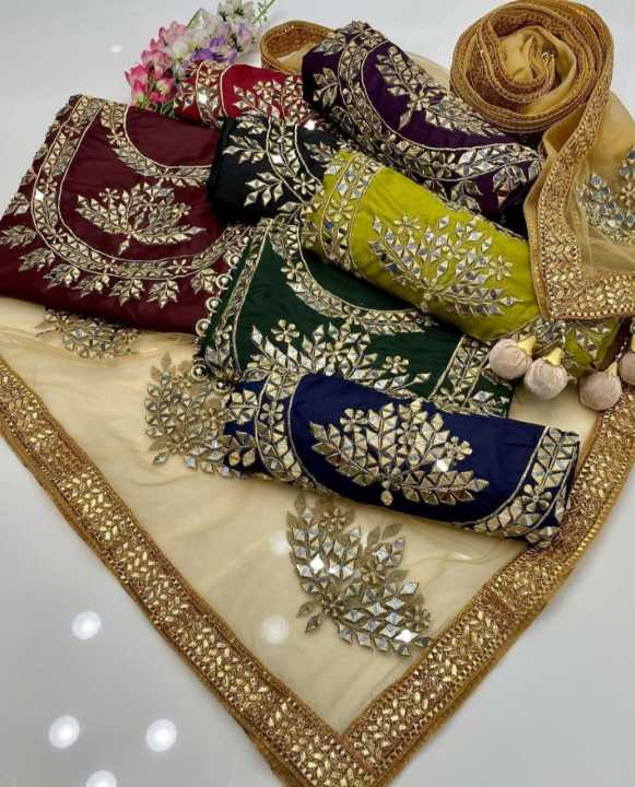 Fancy Mirror Work 3-Piece Katan Silk Collection - Imported, Heavy Silver Thread Embroidery