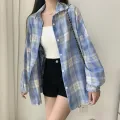 Women Tartan Shirt Long Sleeve Collared Button Up Oversized Plaid Shirt Jacket Grunge Fashion Teenage Girl Spring Summer Outfit. 