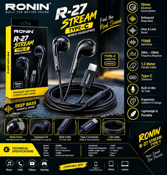 Ronin R-27 Stream Type-C Wired Handsfree – Enhanced Deep Bass & Clear Sound