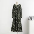 Spring Autumn Women Chiffon Dresses Casual Floral Printed Bark Crinkling Long Dresses O-neck Long Sleeve Loose Muslim Maxi Dress.