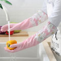 Dishwashing Gloves Single Layer Household Chore Splicing Sleeve Waterproof Gloves Plush Elastic Band Mouth Rubber Gloves. 