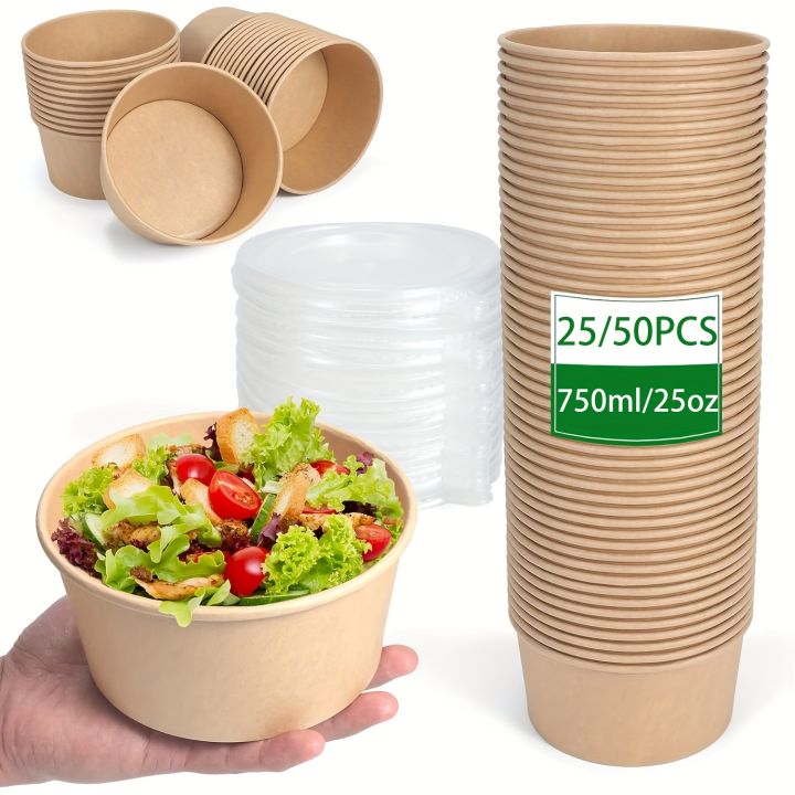 25Oz/750Ml 25/50 Pack Paper Bowls with Lids, Disposable Soup Bowls, Food Containers Lunch Box, Salad Bowls, Meal Prep Bowls