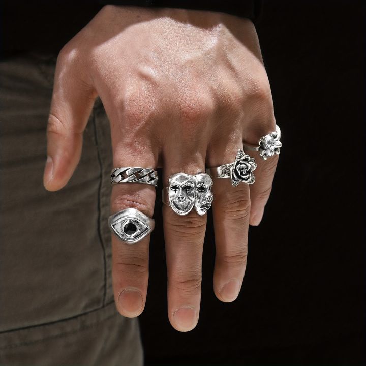 24pcs%20Gothic%20Ring%20Set%20Trendy%20Joker%20Face%20Devil%20Smile%20Face%20Patterns%20Zinc%20Alloy%20Mix%20And%20Match%20For%20Daily%20Outfits%20Party%20Accessories%20-%20Image%203