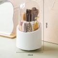 360° Rotating Makeup Brush Holder | Transparent Brush Organizer Box with Lid | Dust-Proof Vanity Desktop Bathroom Counter Cosmetic Accessory - White (1-Piece). 