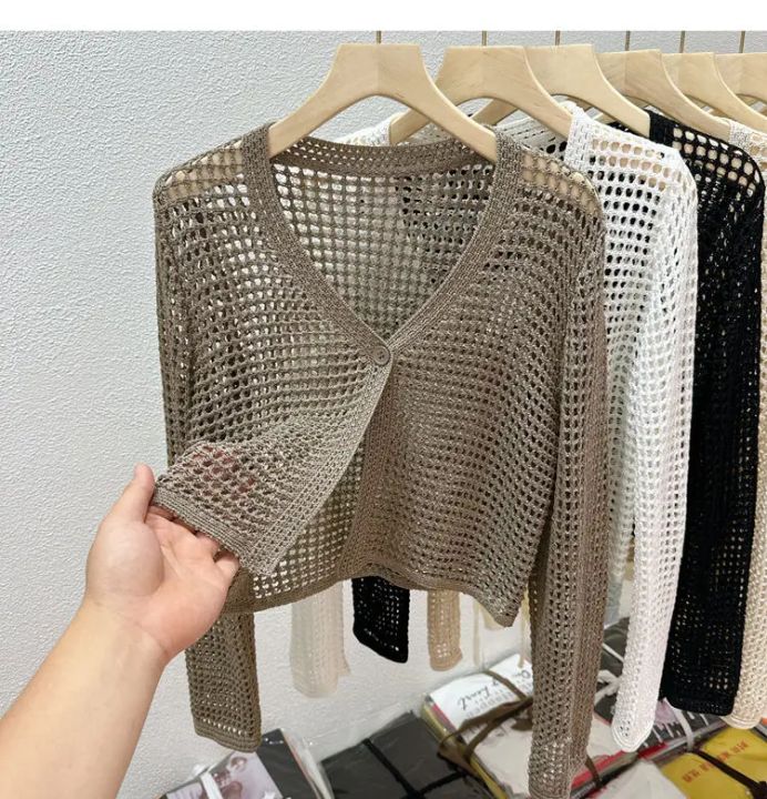 Single%20Button%20Crochet%20Mesh%20Cardigan%20for%20Women%20Semi%20Sheer%20Openwork%20Sunscreen%20Jacket%20Cover%20Up%20Summer%20Hollow-out%20Knitted%20Cardigan%20-%20Image%203