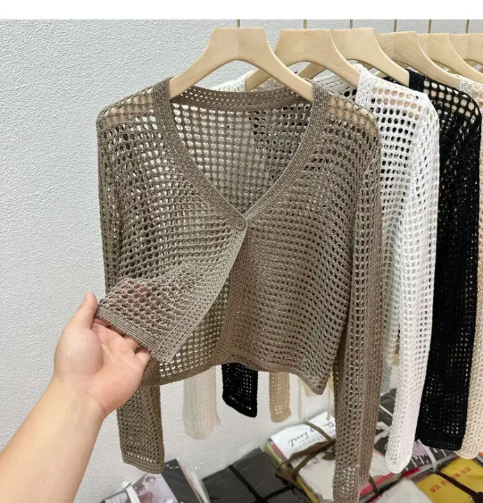 Single%20Button%20Crochet%20Mesh%20Cardigan%20for%20Women%20Semi%20Sheer%20Openwork%20Sunscreen%20Jacket%20Cover%20Up%20Summer%20Hollow-out%20Knitted%20Cardigan%20-%20Image%203