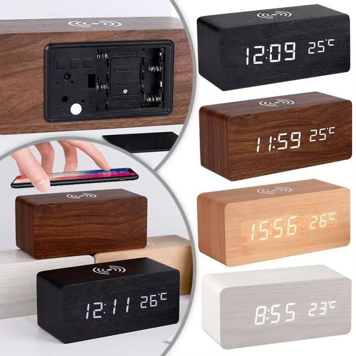 Led Stand Up Table Clock Alarm Clock LED Digital Wooden USB/AAA Powered Table Watch with ...