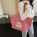 Large Capacity Tote Double-sided New Striped Casual Single Shoulder Textured Embroidered Canvas Bag for Students. 
