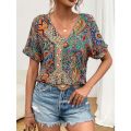 Plus Size 0XL-5XL Women's Fashionable V-neck Printed Casual and Comfortable Short Sleeved Shirt. 