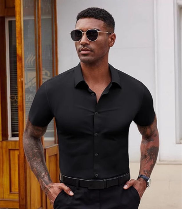 High%20Quality%20Summer%20Business%20Shirts%20For%20Men%20Short%20Sleeve%20Button%20Wrinkle%20Free%20Elasticity%20Social%20Black%20Office%20Dress%20Shirts%20US%20Size%20-%20Image%203