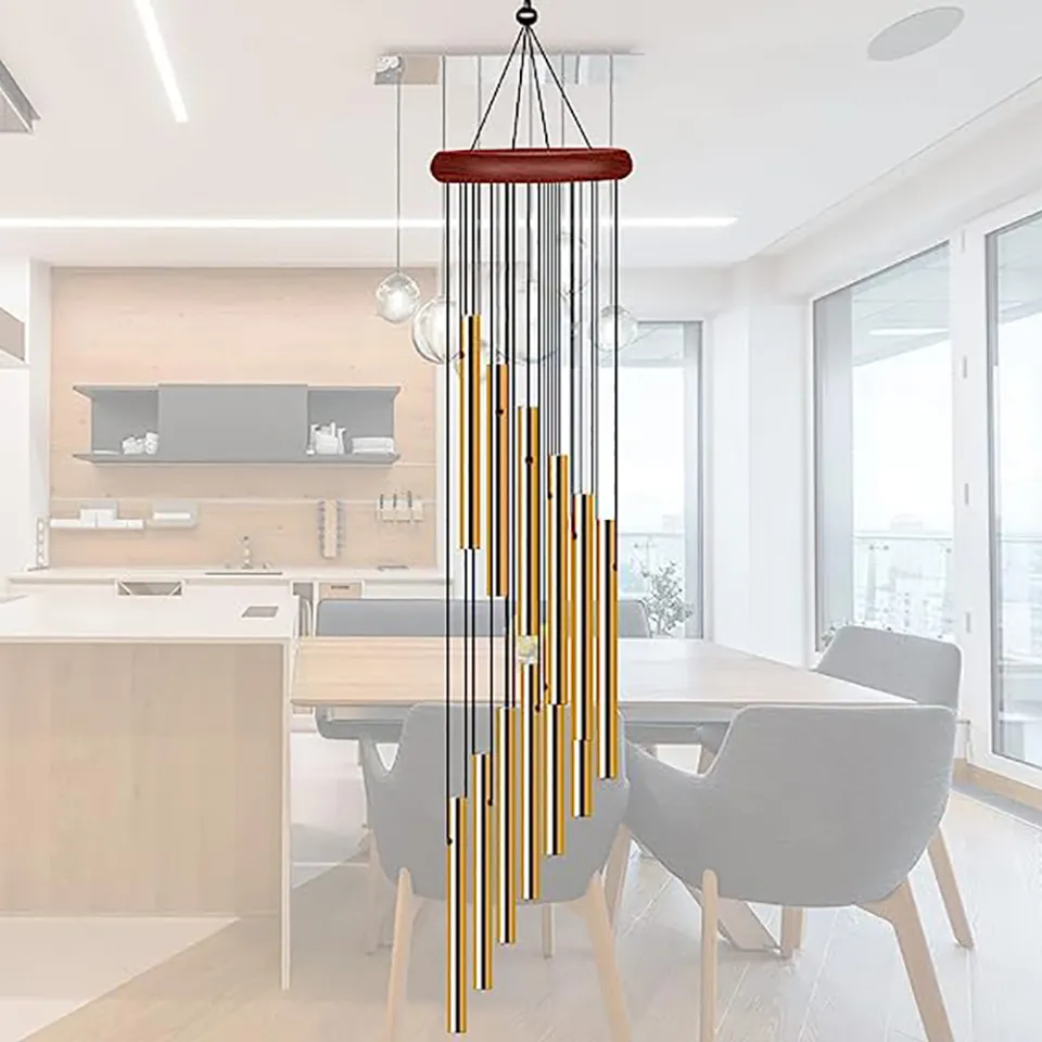 12-Tube Aluminum Gold Wind Chimes With Hook – Indoor/Outdoor, Modern Garden Decor