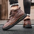 Men's Hand-Stitched Fashion Boots, Retro Lace-Up Mid-High Casual Shoes, Suitable for Spring and Autumn Daily Wear, Outdoor Hiking Boots, Comfortable Large-Size Men's Shoes.