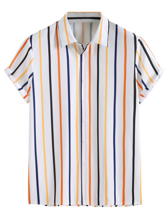 Men Striped Print Shirt Short Sleeve Turn Down Button Up Vacation Casual Shirt For Boyfriend Gift