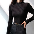 American Retro Stand Collar Solid Color Simple Slim Fit Fashion Short Knitted Long-sleeved Sweater. 