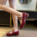 2025 New Women's Burgundy Patent Leather Mary Jane Pumps - Vintage-Inspired Double Gold Buckle Low Block Heel Dress Shoes.