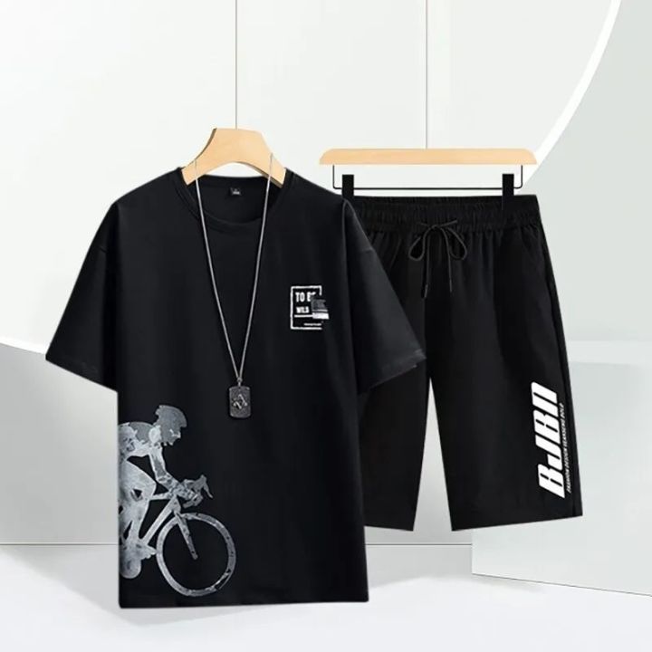 black colour cycle print short sleeve combo t shirt and pant for mans