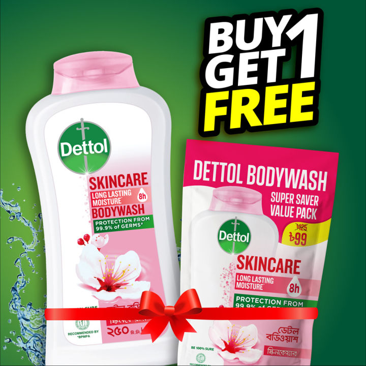 Buy 1 Get 1 Free - Dettol Skincare Rose & Sakura Blossom Bodywash 250ml with 8 Hour Lasting Moisture + Skincare Bodywash 170ml Super Value Refill